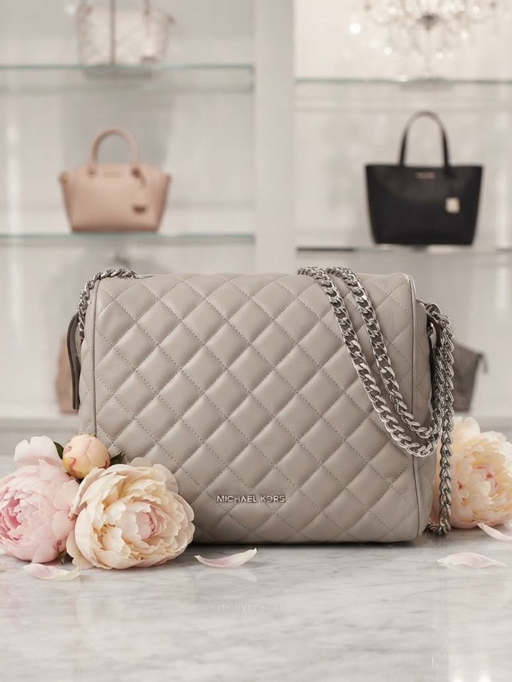 Michael Kors Quilted Shoulder Bag in Light Gray with Silver Chain